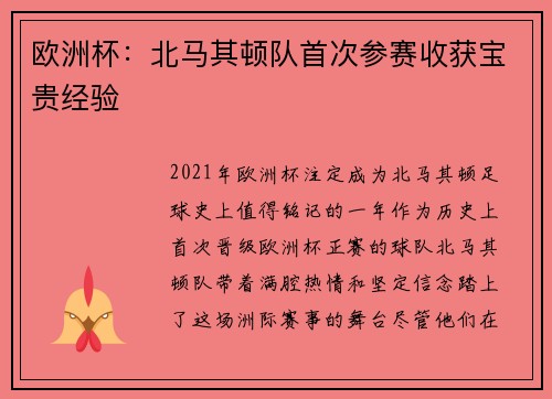 欧洲杯：北马其顿队首次参赛收获宝贵经验